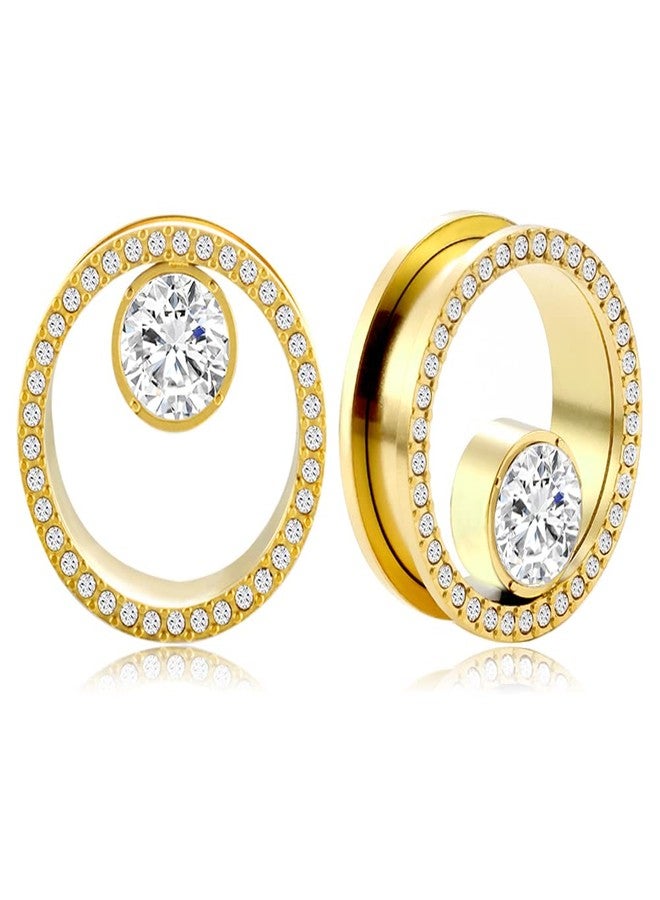 Earblity (0g 8mm Gold Crystals Ear Plugs Gauges Stainless Steel Ear Tunnels Stretcher Wedding Piercing Body Jewelry For Women Earrings Expander 2PCS - Image 1